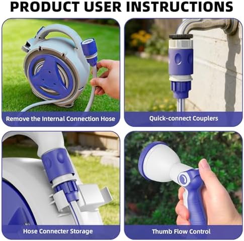 Retractable Garden Hose Reel 1/2 Inch x 50 FT | Heavy Duty Rewind Wall Mount Hose Holder with 10-Pattern Spray Nozzle for Garden Watering, Car & Boat Washing, Pet Cleaning - Image 3