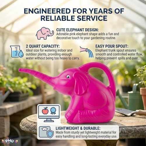 PMU 12Pcs 2-Quart Elephant Watering Can – Durable Plastic Garden Watering Can for Indoor & Outdoor Plants, Easy-Pour Spout, Large Water Pot, Pink - Image 5