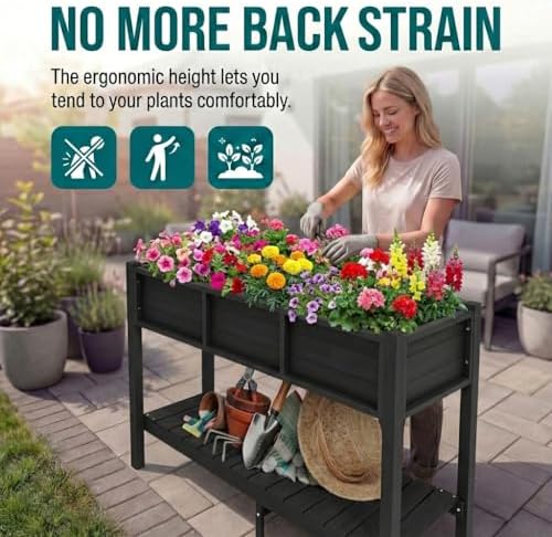 YITAHOME 48x18x30in Raised Garden Bed HDPE, Weather-Resistant Poly Lumber Planter Box with Legs & Storage Shelf, Elevated Garden Bed for Yard, Garden, Balcony - Black - Image 6