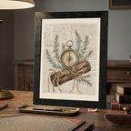 Framed Canvas Wall Art Vintage Antique Compass and Leather Map Muted Earthy Tones Rosemary on Aged Newspaper Canvas Print Poster Black Frame Wall Decor for Study Office Scholarly Decor, 24x36 Inch - Image 7