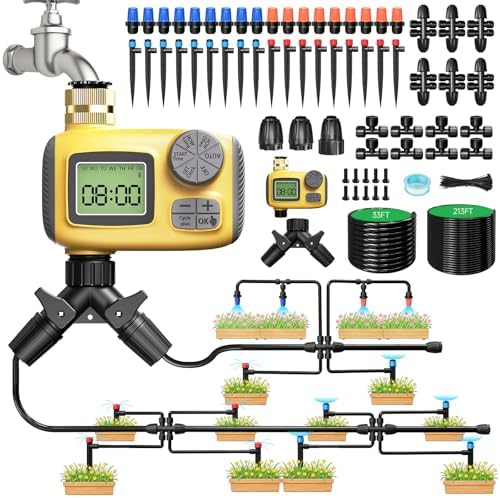 246FT Drip Irrigation System with LCD Timer, Automatic Watering System Kits,1/2 Inch Hose 1/4 Inch Distribution Tubing 3 Sprayer Types, for Garden, Greenhouse, Garden, Lawn by GrowYourGreenParadise