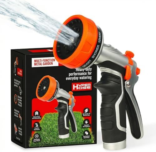 Heavy-Duty Metal Garden Hose Nozzle Sprayer- 316 Stainless Steel - High-Pressure 120 PSI - Multi-Function Spray with Ergonomic Handle - 10 Way by HYPERHOSE