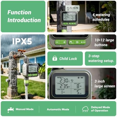 Sprinkler Timer System w/Brass Splitter|Programmable Water Timer for Garden Hose, Outdoor Soaker Hose Timed with Rain Delay/Manual/Automatic Watering System, Digital Irrigation for Yard, Lawn - Image 3
