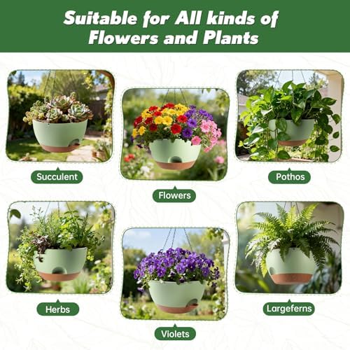 3-Piece Set of 10-Inch Hanging Planters with Automatic Watering System and Drip Tray, Includes Metal Chain, Suitable for Various Indoor and Outdoor Plants and Flowers, Green Brown - Image 6