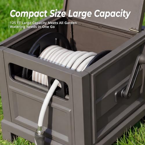 Heavy Duty Steel Garden Hose Reel Deck Box, Holds 125 ft x 5/8 inch Hose, Leak-Proof Aluminum Water System, Manual Crank with Hose Guide, 4-Leg 200LBS Stable Base, No Mount Required - Image 5