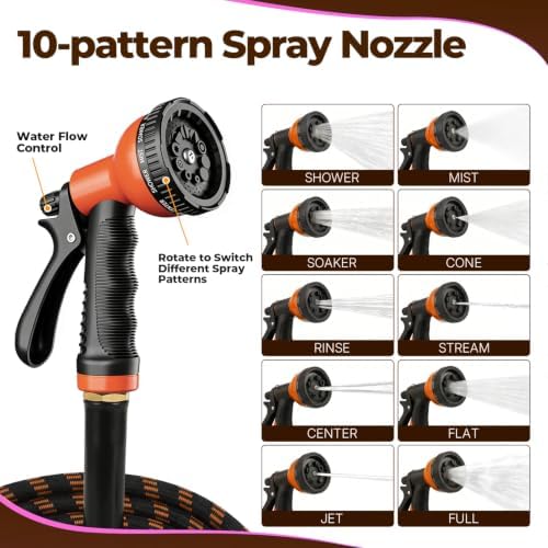 Garden Hose 100 ft, 2026 Upgraded Kink Free Flexible Water Hose 100ft With 10 Pattern Spray Nozzle, Leak-Proof, Portable, Ultra Lightweight & Durable Garden Hose for Yard, Lawn, Outdoor Black & Orange - Image 5