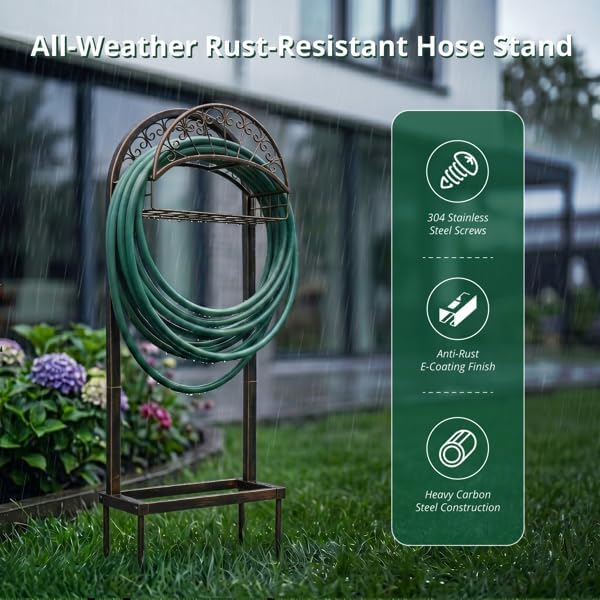 Heavy Duty Garden Hose Holder Stand with Basket, Freestanding Outdoor Organizer - Image 3