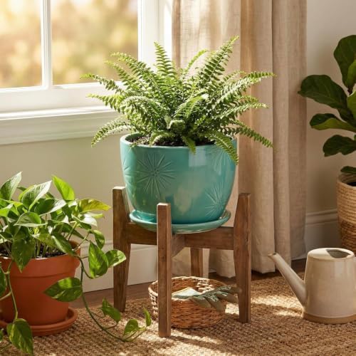 MyGift 7-Inch Turquoise Ceramic Planter Pot with Drainage Hole & Saucer - Image 4