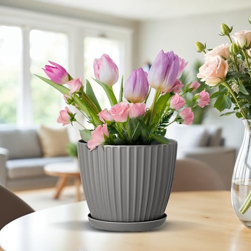 Gray 6-Inch Plant Pots with Drainage & Saucers 24 Pack, Indoor & Outdoor Planters for Houseplants, Herbs, and Flowers, Durable & Weatherproof Material, Stackable, Lightweight, Minimalist Design - Image 7