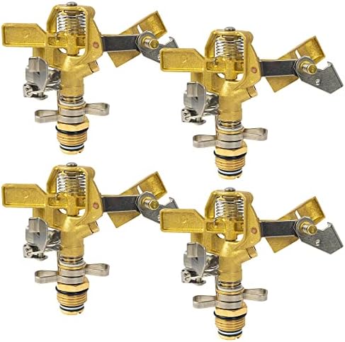 Hourleey 1/2 Inch Brass Impact Sprinkler, Heavy Duty Water Sprinkler Head, Adjustable 0-360 Degree Coverage Pattern, Watering Sprinkler with Nozzles for Large Patio Garden Irrigation (4 Pack) by Hourleey