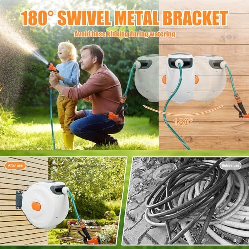 100ft 1/2in Retractable Garden Hose Reel Wall Mount, Automatic Hose Reel with Hidden Handle And Slow Return System, Auto-Rewind Any Length Lock 180 Degree Swivel Green - Image 3