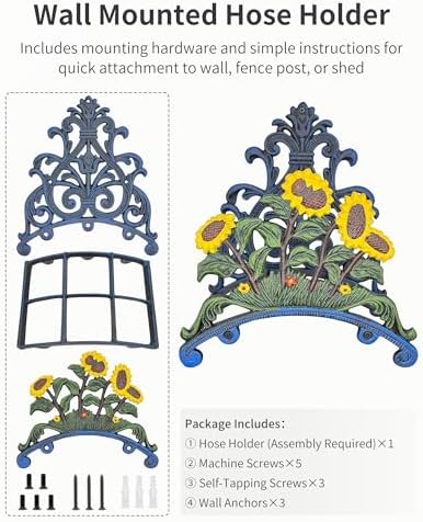 Cast Iron Garden Hose Holder Wall Mount, Rustic Heavy Duty Water Hose Hanger, Decorative Vintage Hose Reel Organizer for Outside Garden Yard Patio, Painted Sunflower Design - Image 3