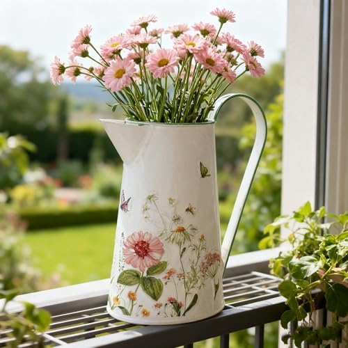 Vintage Metal Jug Vase Rustic Farmhouse Floral Pitcher with Flower, Butterfly & Bee Print Farmhouse Decorative Flower Vase for Home Table Centerpieces Decor (White) by Unknown