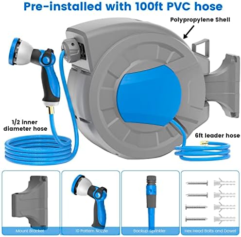 REDUCTUS Retractable Garden Hose Reel Wall Mount 1/2" x 100 ft + 6.5 ft Water Hose Reel for Outside with 10 Pattern Nozzle, Automatic Slow Rewind System/Lock Any Length/180°Swivel - Image 5