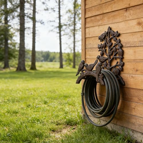Rustic Rust Brown Cast Iron Garden Hose Holder, Wall-Mounted Bird & Tree Design, Durable Outdoor Hose Storage for Garden, Yard, Fence - Vintage Style Decor (9.3" Height) HC1418 - Image 2