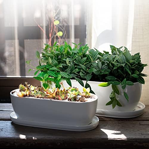 E-liu 11+14 inch Ceramic Plant Pots with Drainage Holes Saucers, Set of 2 - Image 6