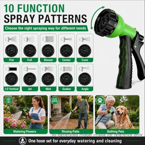 100FT Non-Expandable Flat Garden Hose with 10 Function Nozzle,No-Kink,Green - Image 5