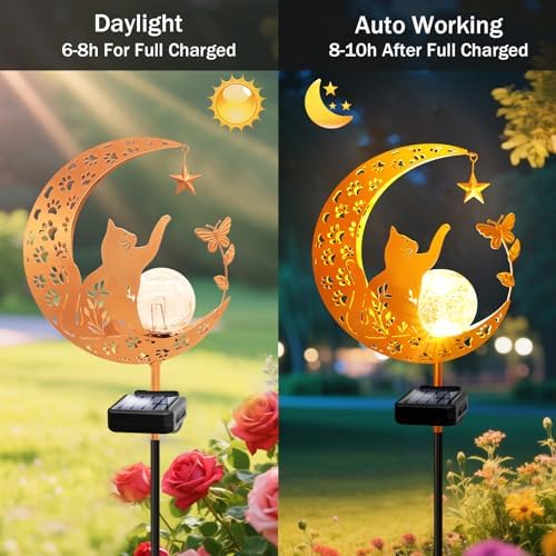 Solar Garden Lights Waterproof, Gift for Women Mom Grandma Wife Daughter, Cat Pathway Stake Lights, Glass Globe with Moon Cat Decor, Outdoor Decor Lights for Walkway Yard Lawn Patio Courtyard Garden - Image 3