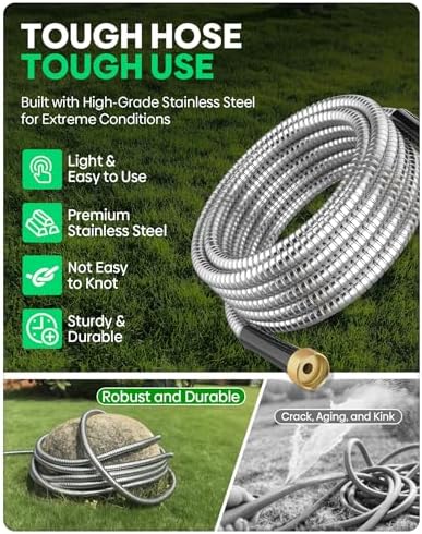 BlueGarden Metal Garden Hose 33 ft with 10 Function Nozzle,No Kinking,Flexible,Heavy Duty & Lightweight Water Pipe,Stainless Steel Outdoor Water Hose for Yard and Lawn,Non-Expandable 33 feet - Image 5