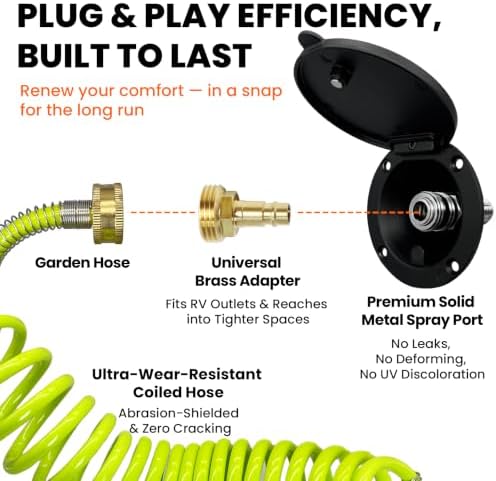 Exterior Sprayer Kit with All-Metal RV Spray Port, 16.4FT Coiled Hose with 8-Pattern Spray Nozzle & Black All-Metal Spray Port, Heavy Duty Marine Washdown Coil Hose System - Image 2