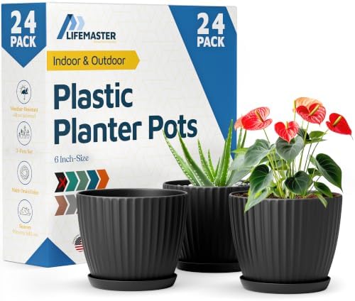 Black 6-Inch Plant Pots with Drainage & Saucers 24 Pack, Indoor & Outdoor Planters for Houseplants, Herbs, and Flowers, Durable & Weatherproof Material, Stackable, Lightweight, Minimalist Design by LIFEMASTER