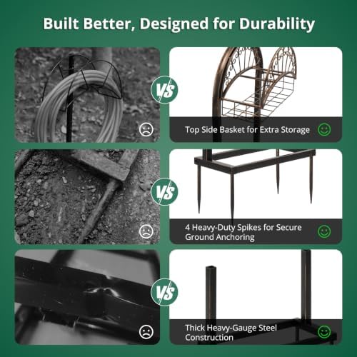 Garden Hose Holder Stand, Heavy Duty Freestanding Water Hose Holder with Storage Basket, Outdoor Hose Hanger Rack with 4 Ground Spikes, Rust Resistant Metal Hose Stand for Yard Lawn - Image 5
