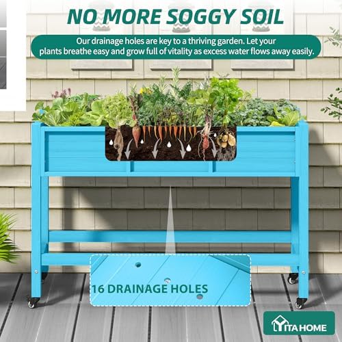 YITAHOME Raised Garden Bed HDPE, 47x18x31In Raised Flower Bed Poly-Wood Weather-Resistant Elevated Planter Box with Lockable Wheels for Vegetables, Aruba Blue - Image 2