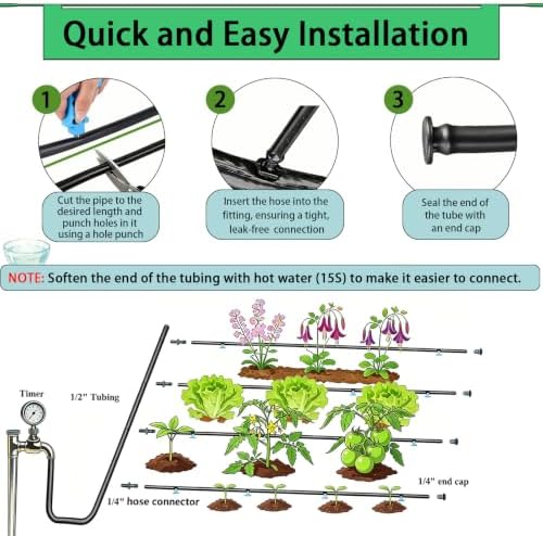 1PC 1/4" Drip Irrigation Dripline Tubing 100FT, 0.5 GPH Emitters Built-in Drip Irrigation Line, 6" Emitter Spacing with 1/4" Fittings Included, 1PC Hole Punch, Saving 80% Water, Black - Image 5