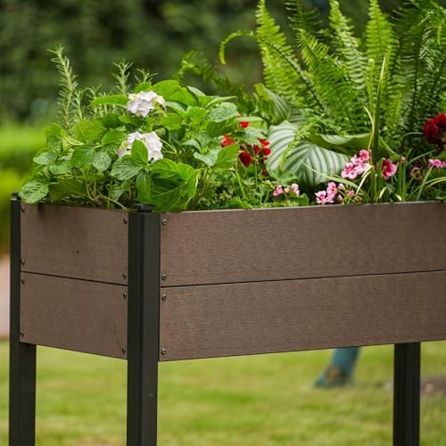 IDEALHOUSE 42.72"x19.49"x33.46" Raised Garden Bed, HDPE Elevated Planter Box with Sturdy Aluminum Frame, Wood Grain Outdoor Planter with Storage Shelf for Patio, Balcony, Lawn - Image 4