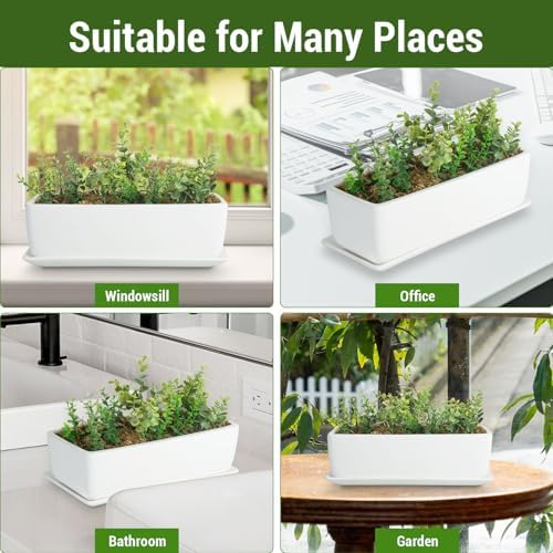 MyGift 14 Inch Ceramic Indoor Plant Pot with Drainage Hole, Rectangular Succulent Planter Window Box with Removable Saucer, Unglazed White (Pack of 2) - Image 4