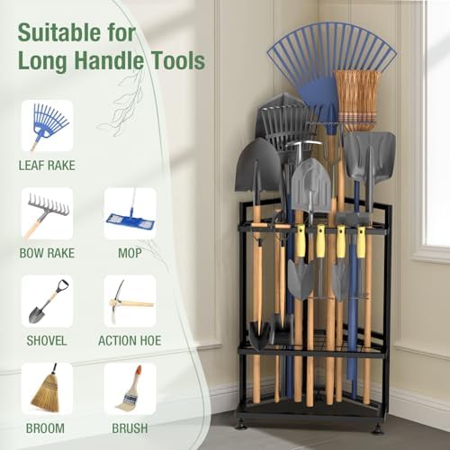 Garden Tool Organizer for Corner,Metal Yard Tool Organizer for Long-Handled Tools/Rakes/Brooms,Side Garden Pocket,Heavy Duty Steel Yard Tool Storage Rack for Garage,Shed, Outdoor - Image 4