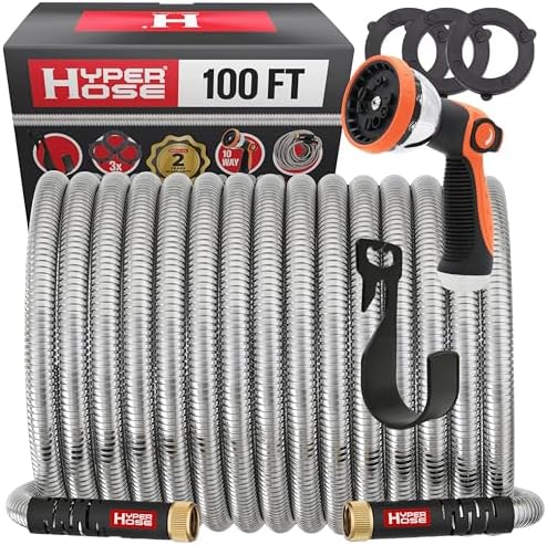 Best 100 ft Metal Garden Hose Set - No-Kink Durable 316 Stainless Steel, 10-Way Zync Spray Nozzle & Hook – Tough Flexible Heavy Duty Water Hoses, 5/8 in, Rust, Weather, LeakProof by HYPERHOSE