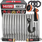 Best 100 ft Metal Garden Hose Set - No-Kink Durable 316 Stainless Steel, 10-Way Zync Spray Nozzle & Hook – Tough Flexible Heavy Duty Water Hoses, 5/8 in, Rust, Weather, LeakProof by HYPERHOSE