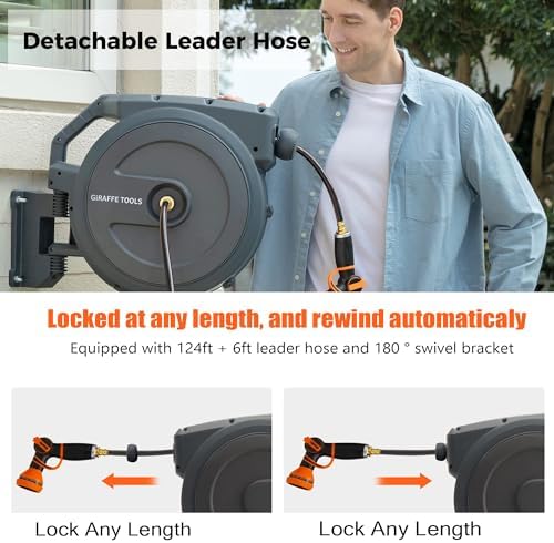 Giraffe Tools Retractable Garden Hose Reel 1/2 Inch x 130 ft, Super Heavy Duty and Garden Hose 25FT x 5/8” Lightweight Lay Flat Water Hose Kink Free Flexible Hose with 9 Spray Function Nozzle - Image 7