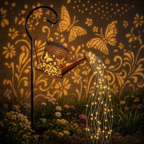 Solar Watering Can Lantern, Large Size, Butterfly Design, LED String Lights by Unknown