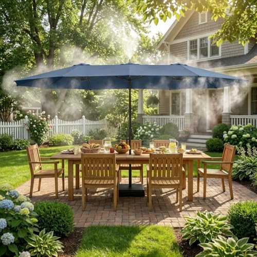 Timechee 15 FT Outdoor Patio Umbrella with Cooling Misting System, Rechargeable Electric Mist Pump, Type-C Charging, 2-3 Hours Use, Large Beach Umbrella with Base for Backyard by Timechee