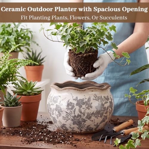 Geetery Ceramic Planter Pot 9.6 Inch Round Plant Pot, Floral, Grey, Medium - Image 5