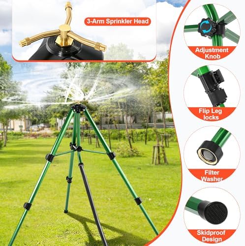 3-Arm Sprinkler Head on Telescoping Tripod Base with 2 Sprinkler Extensions, Heavy Duty Lawn Sprinklers, 360 Degree Large Area Irrigation, Solid Metal Extension Legs & Bottom Spikes - Image 3