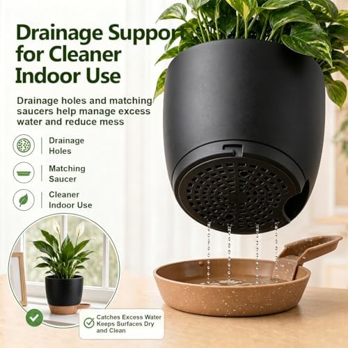 Plant Pots for Indoor 9/8/7/6.5/6/5 Inch, Self Watering Planter Pots with Drainage Holes and Saucers, 6Pcs Plastic Flower Pots for Indoor & Outdoor Plants（Black） - Image 3