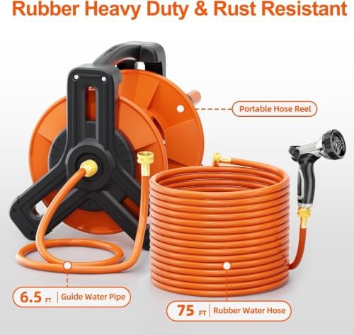 SPECILITE Portable Garden Hose Reel with 75ft Rubber Water Pipe+6.5ft, Wall Mount Lightweight Winder Combo with Nozzle for Outside, Yard, Patio - Image 6