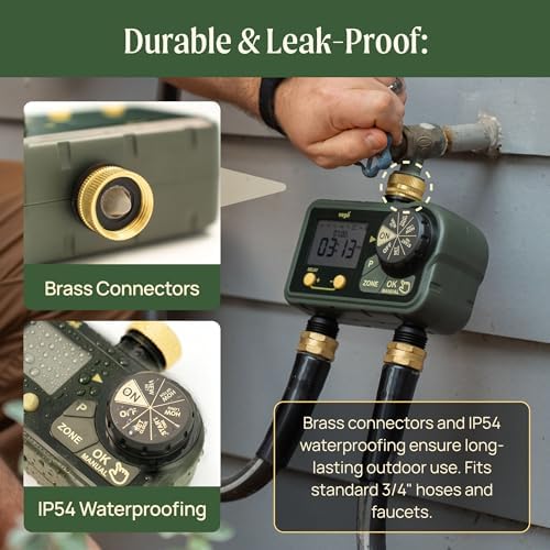 Vego 2 Zone Sprinkler Timer with Brass Inlet- Watering Timer for Garden Hose with Dual Channel Programmable Rain Delay/Manual Watering/Automatic Irrigation - Water Hose Timer for Yard Lawn - Image 7