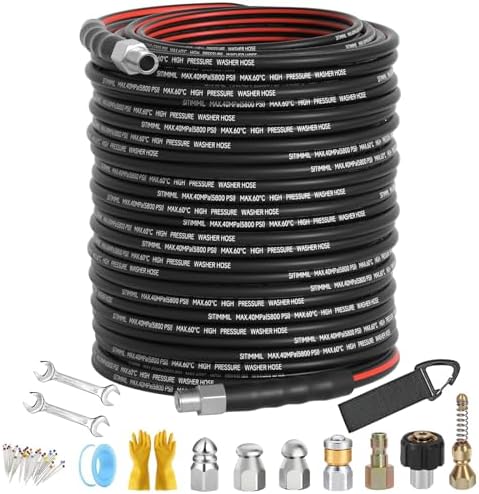 Sewer Jetter Kit for Pressure Washer 200FT, Drain Cleaner Hose 1/4 Inch NPT, NPT Corner Swivel and Push Button Nose Sewer Jet Nozzle Wrenches Gloves Waterproof Tape Pearl Brooch,5800PSI by SITIMIMIL