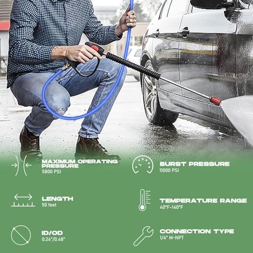 Sewer Jetter Kit for Pressure Washer 50FT, 5800 PSI Water Jet Drain Cleaner Hose 1/4 Inch NPT Corner, Rotating and Button Sewer Jetting Nozzles, Waterproof Tape, Spanners, and Pearl Corsage Pin - Image 5