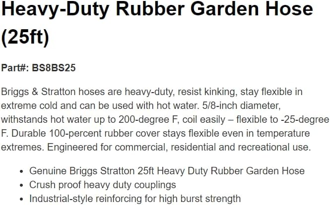 8BS25 Heavy-Duty Rubber Garden Hose (25ft), Replacement for Briggs and Stratton OEM - Image 3
