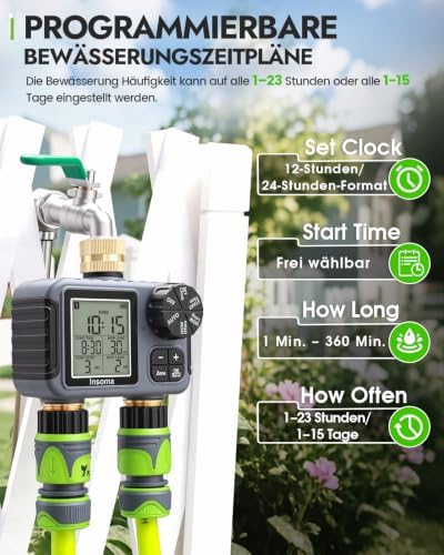 Insoma 2-Zone Sprinkler Timer Brass Inlet/Outlet, Water Hose Timer with Auto/Manual Modes + Rain Delay | Big LCD Dispay | Hose Timers for Garden, Yard Lawn, IPX5 Waterproof & Save Water - Image 3