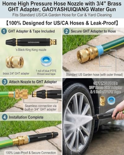 Home High Pressure Hose Nozzle with 3/4" Brass GHT Adapter,Heavy Duty Adjustable Twist Hose Nozzle Jet Sweeper Nozzles Fit Standard US/CA Garden Hose for Car & Yard Cleaning (3) - Image 2