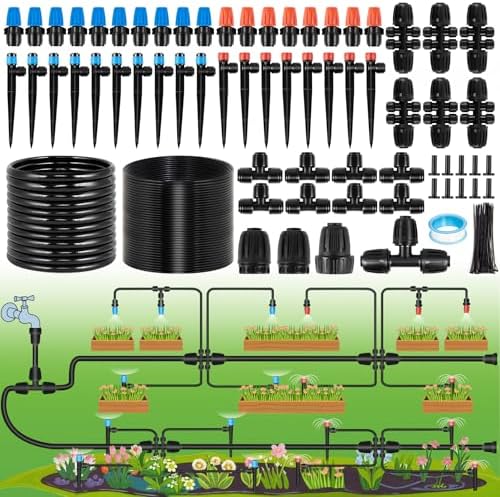 240FT Drip Irrigation System Kits - Automatic Garden Watering Sprinkler with 1/2 & 1/4 inch Tubing Hose Patio Misting Plant Irrigation Water Equipment Quick Connector for Greenhouse Flower Beds Lawn by Rafow