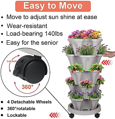GameXcel Vertical Planter Tower - 5 Tier Stackable Garden Planters with Wheels and Tools Plant Pots for Strawberry Herb Flower and Vegetable Indoor Outdoor Use Gray - Image 4
