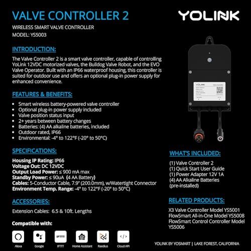 YoLink Wireless Smart Valve Control Kit, NSF Certified 1" Stainless Steel Motorized Valve, Wireless Controller 2, LoRa Long Range, D2D Offline with Leak Sensors, 2 Years Battery Backup - Image 2
