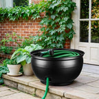 Monarch Abode Garden Hose Holder with Lid – Decorative Water Hose Holders for Outside, Smooth Metal Matte Black Pot with Drainage, 100ft Waterhose Holder for Outside, Garden Storage Caddy - Image 6